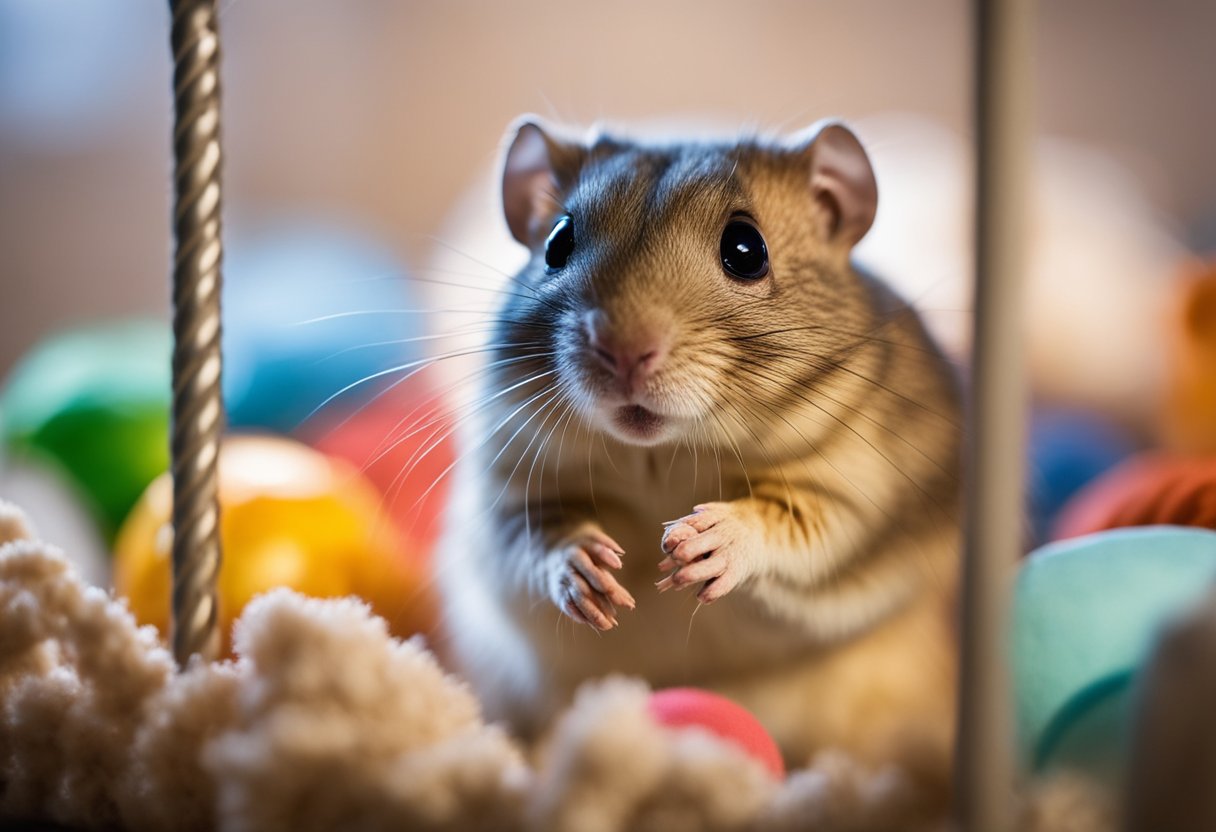 A gerbil sits in a cozy cage, surrounded by soft bedding and chew toys. It looks content, with its bright eyes and twitching nose