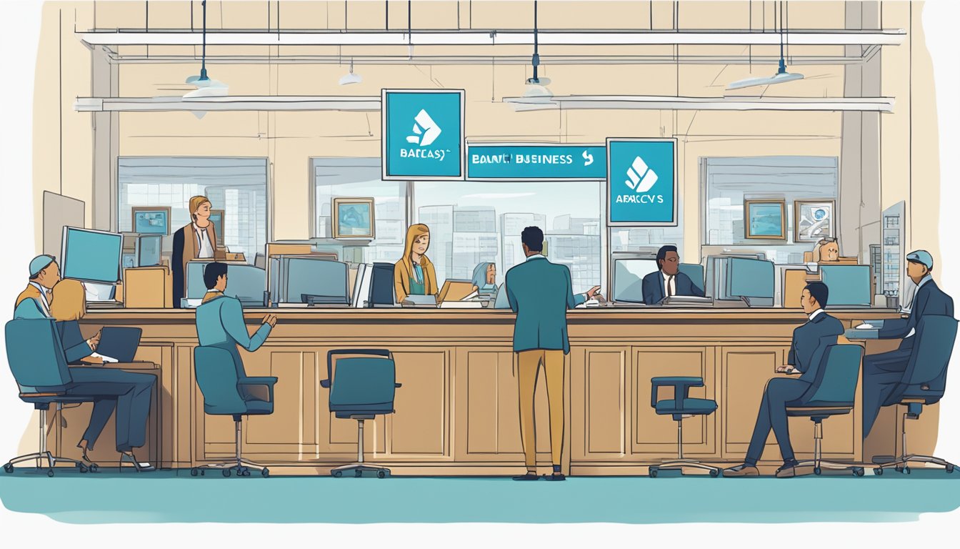 A bustling bank branch with a sign reading "Barclays Business Loan" above a row of desks with bankers assisting clients