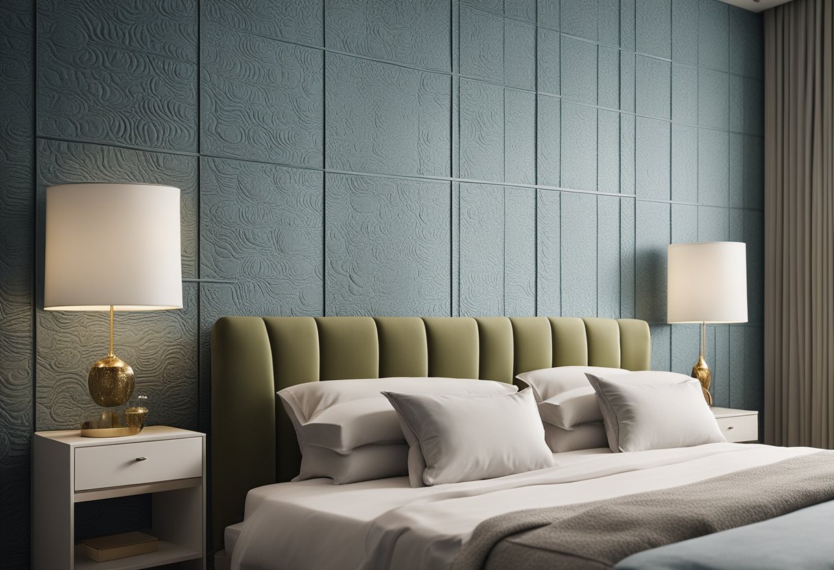 A bedroom with various textured wall designs, such as sponge, comb, and dapple, showcasing the versatility of Royale Play for interior decor