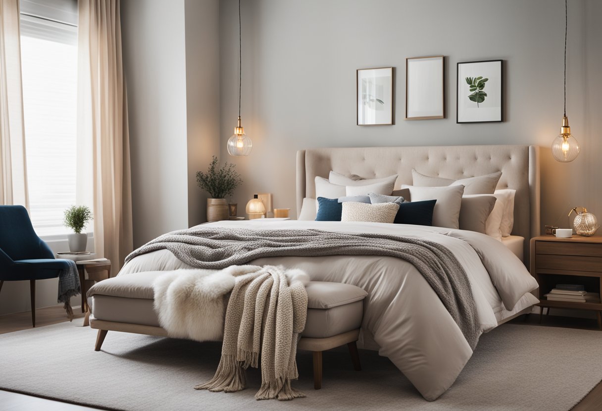 A cozy bedroom with a neutral color palette, layered textures, and soft lighting. A comfortable bed with plush pillows, a stylish nightstand with a lamp, and a cozy reading nook with a comfortable chair and a small side table