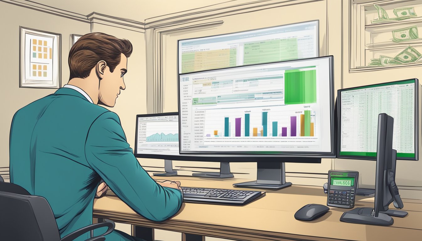 A businessman calculates loan eligibility and costs, with prime rate displayed on a computer screen