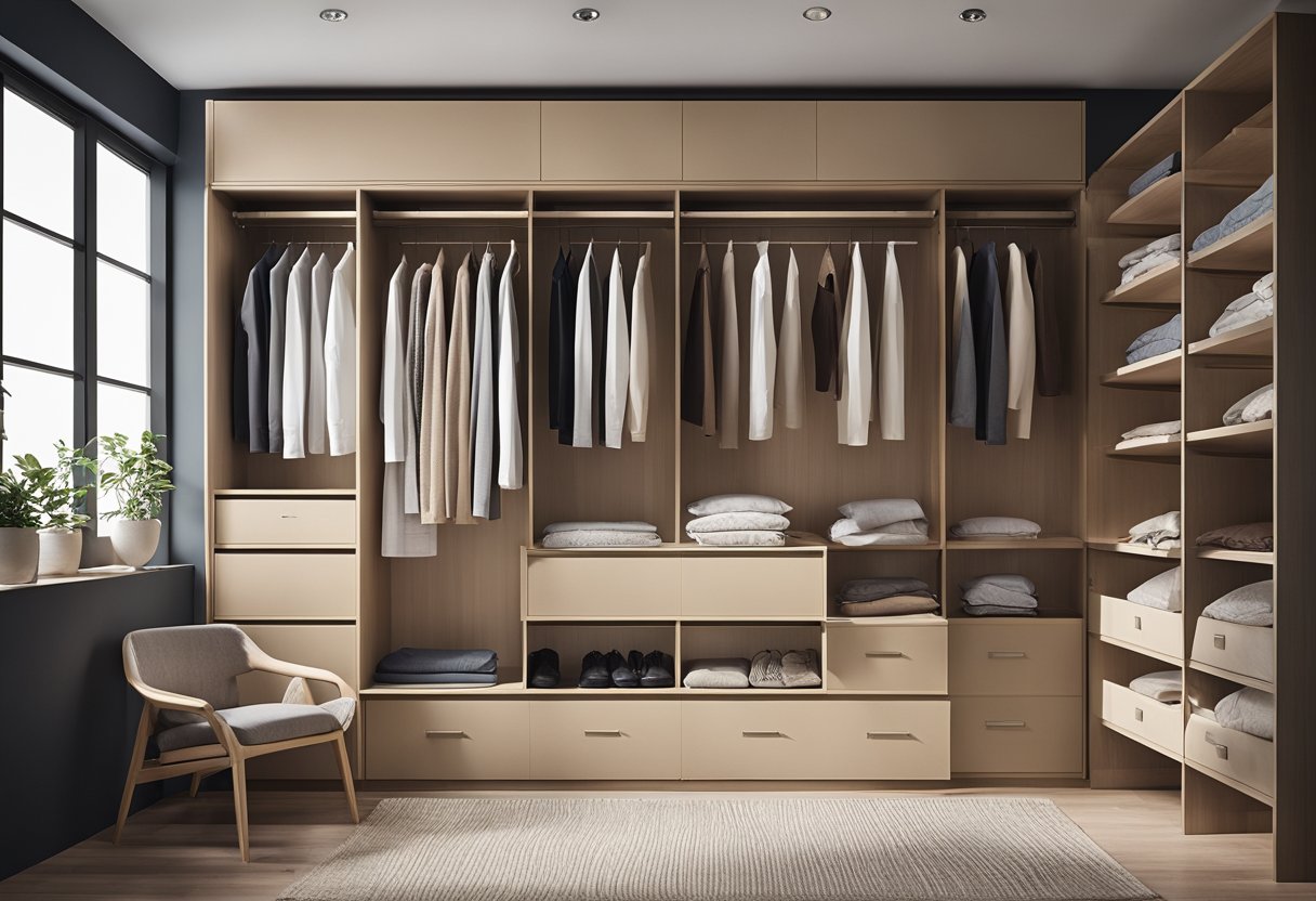 A simple bedroom cupboard with clean lines and minimalistic design, featuring shelves, drawers, and a hanging rail for clothes