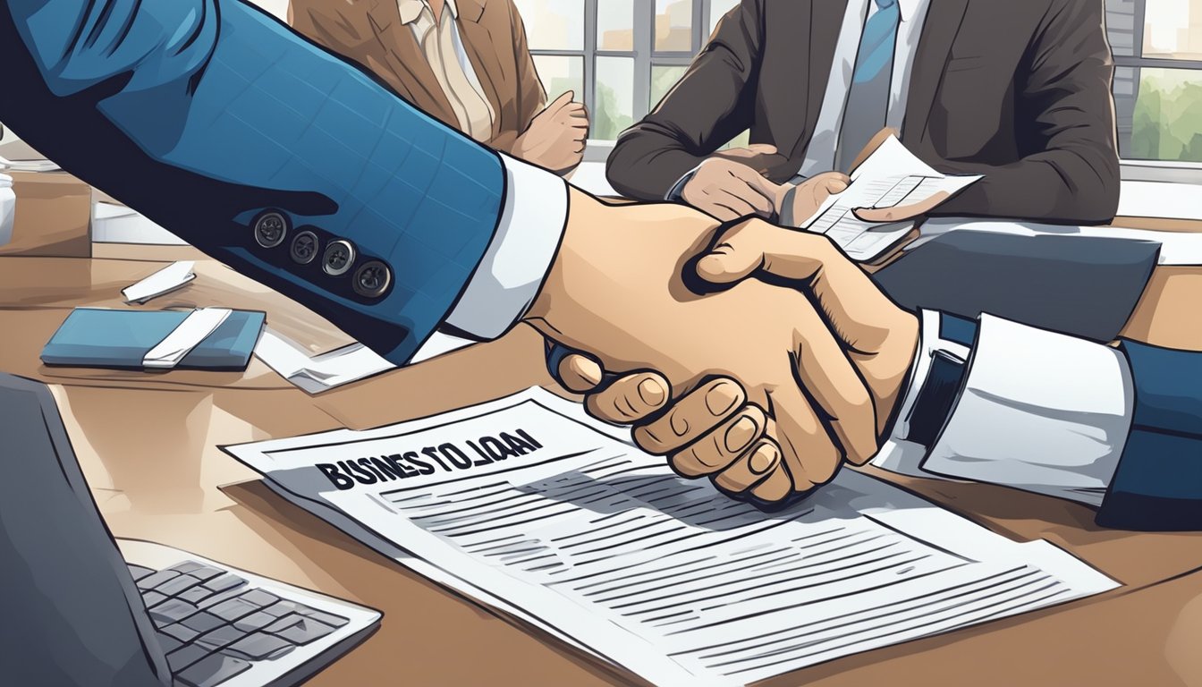 Two business professionals shaking hands over a contract with the words "Business to Business Loan Agreement" prominently displayed at the top