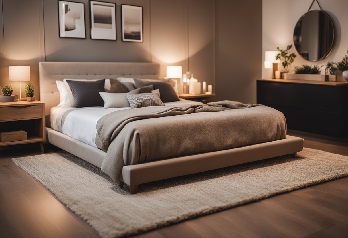 A cozy bedroom with warm, soft lighting. Earthy tones and natural textures create a calming atmosphere. A plush rug and fluffy pillows add comfort