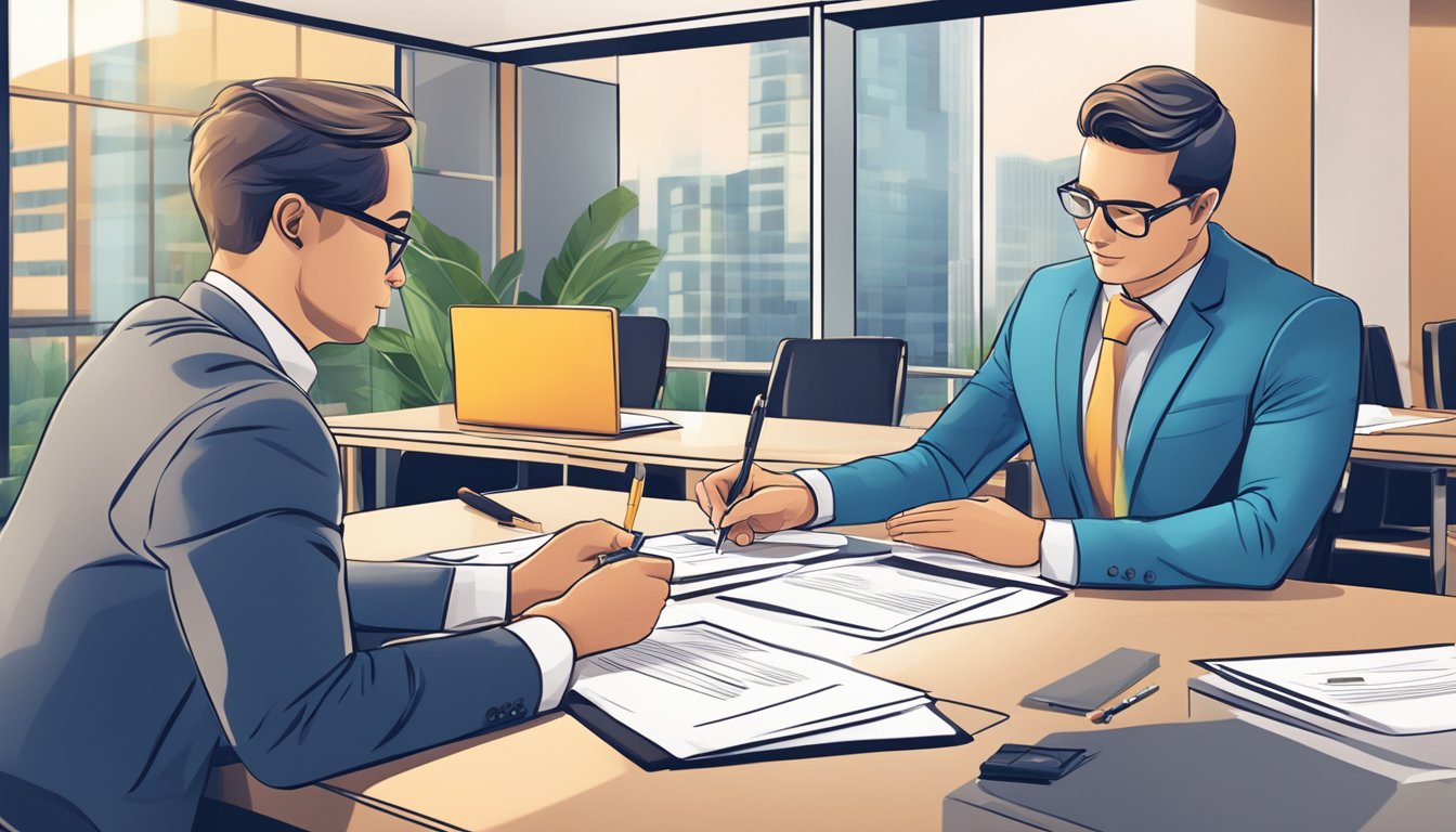 A business owner signing a loan agreement with a bank representative in a modern office setting