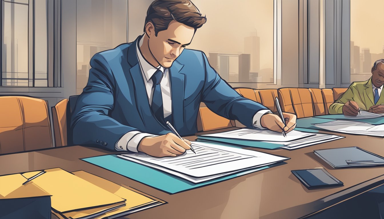 Two business professionals signing a loan agreement at a conference table, with a stack of papers and a pen in hand