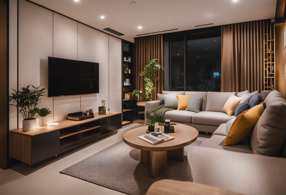 A cozy HDB house with modern interior design, featuring sleek furniture, warm lighting, and vibrant accents