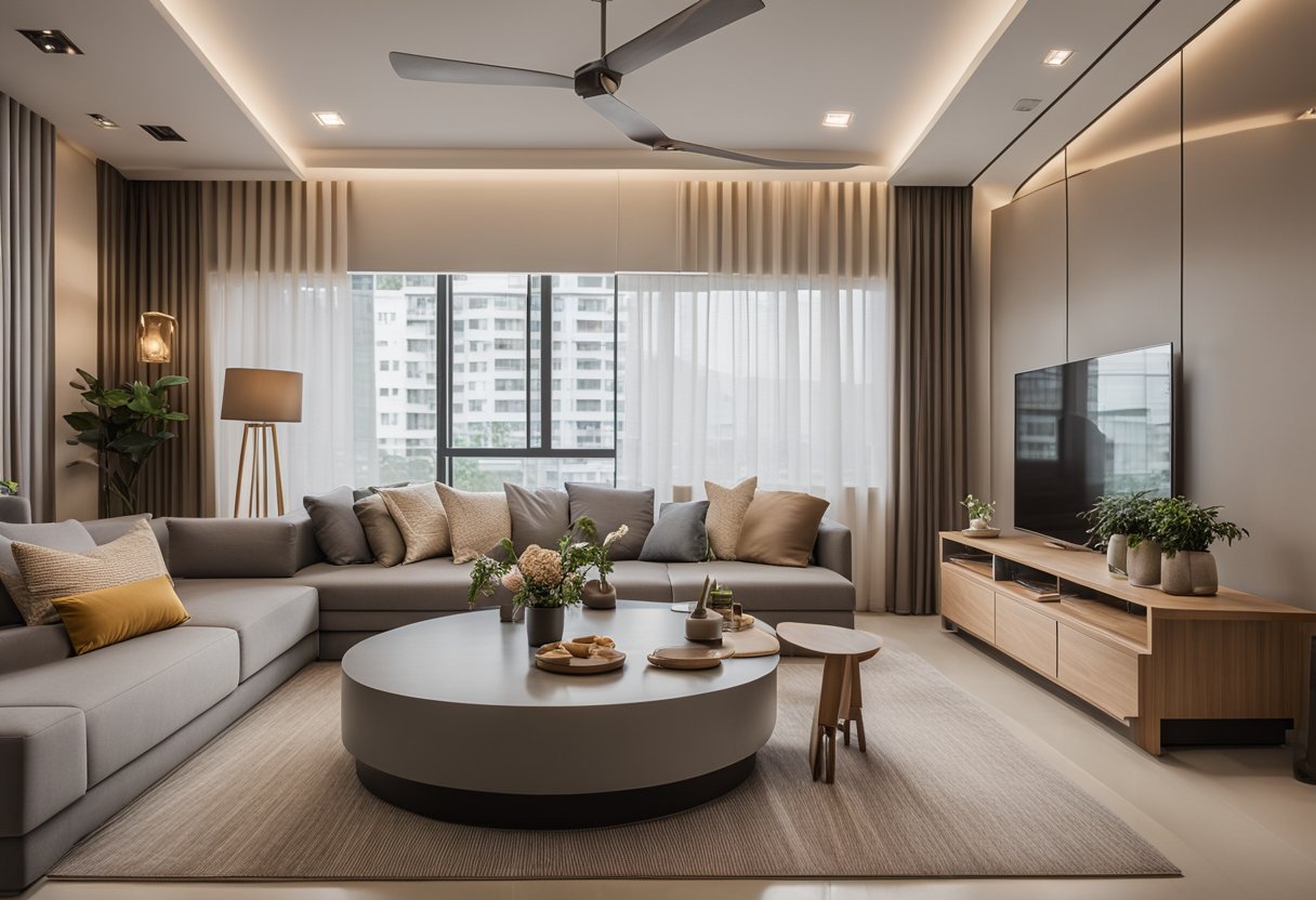 A modern HDB interior with sleek furniture, neutral color palette, and natural lighting. A cozy living area with a stylish dining space and a functional kitchen