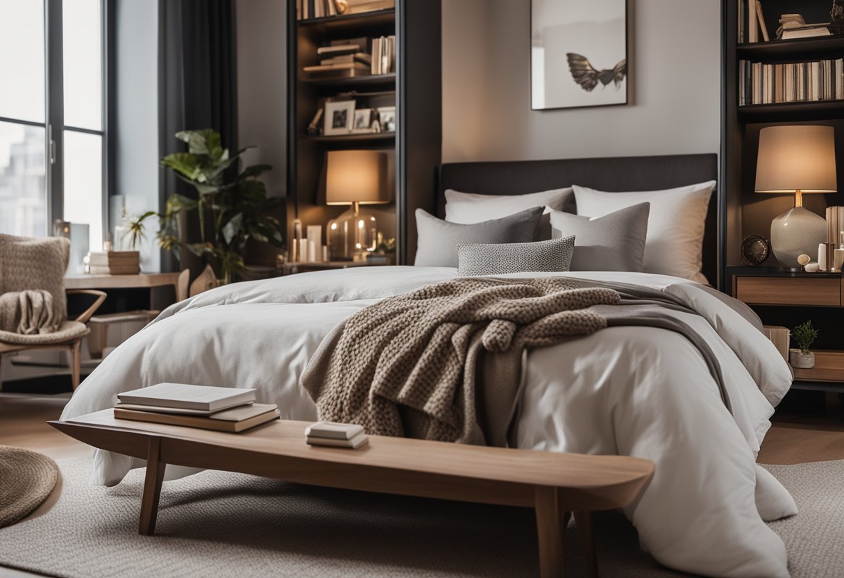 A cozy bedroom with a neatly made bed, soft lighting, and a variety of throw pillows. A small desk with a stylish chair and a bookshelf filled with books and decorative items
