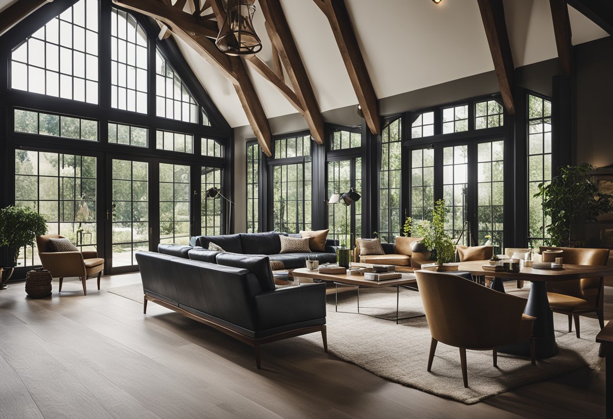A modern Tudor interior with exposed beams, large windows, and a mix of traditional and contemporary furniture