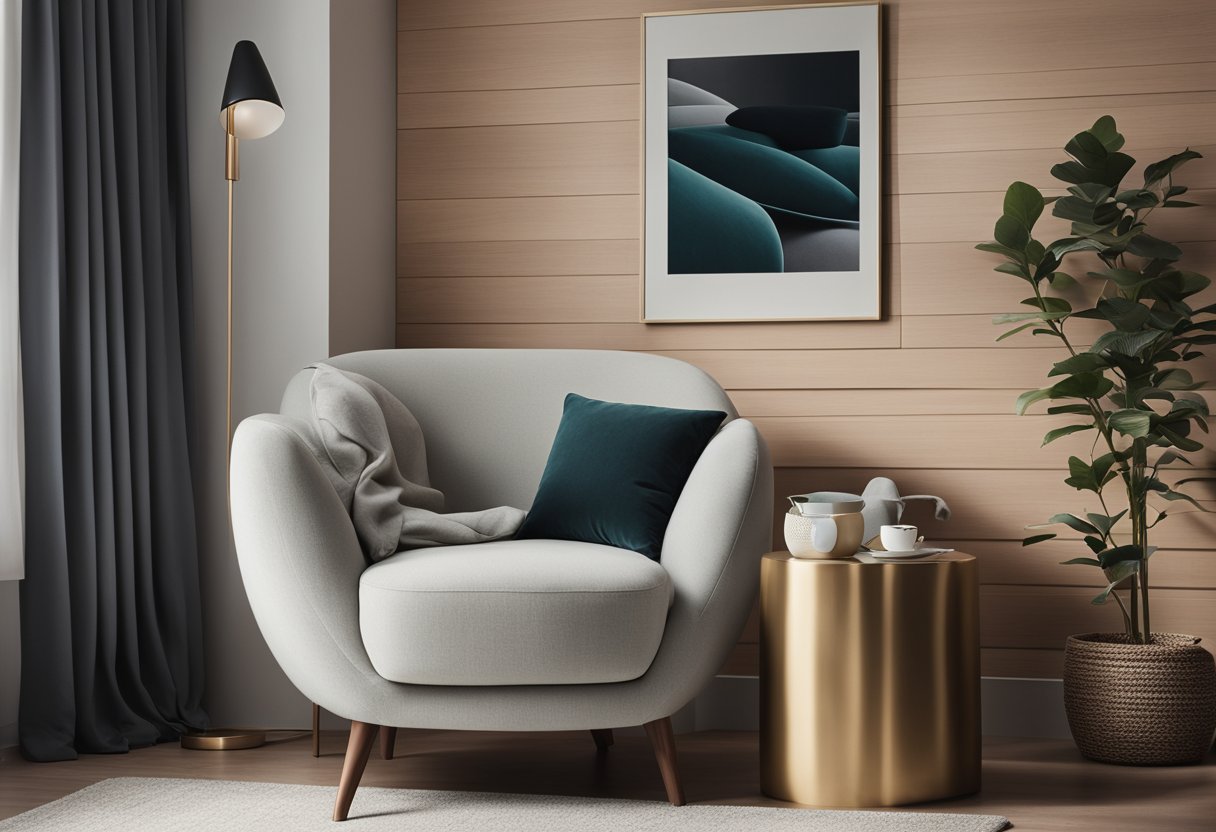 A sleek, modern chair in a cozy bedroom corner, with a plush cushion and a stylish, minimalist design