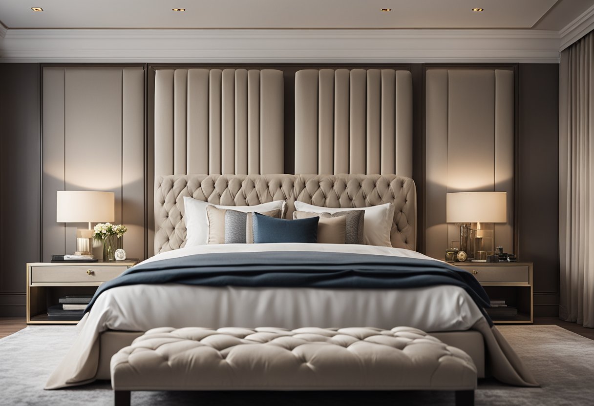 A king-sized bed with a tufted headboard and luxurious bedding. Matching nightstands with elegant lamps. Soft, neutral color palette with a plush area rug