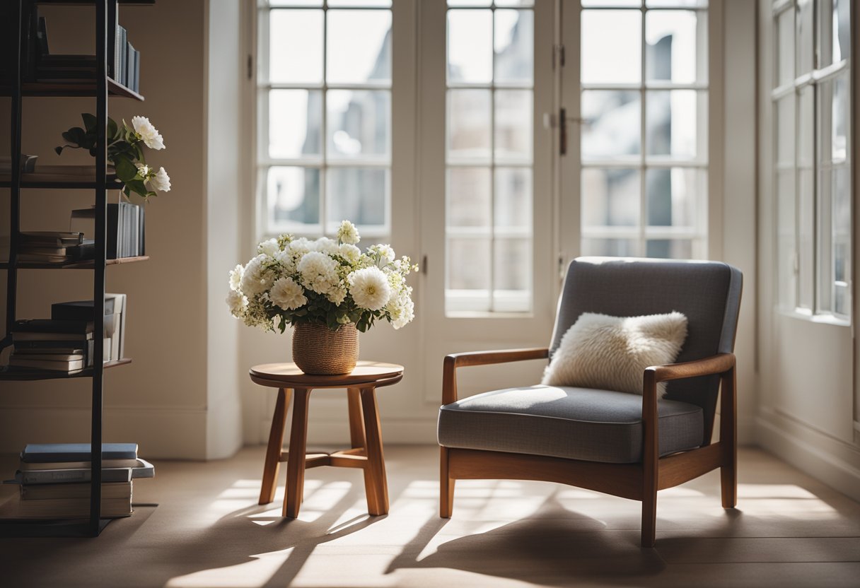 A cozy bedroom chair with a high back and cushioned seat, placed next to a window with sunlight streaming in. A small side table holds a stack of books and a vase of flowers