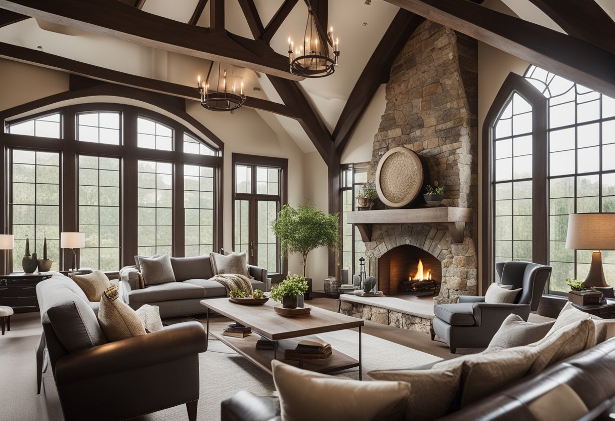 A cozy living room with exposed wooden beams, a stone fireplace, and elegant furniture. Large windows let in plenty of natural light, highlighting the intricate details of the modern Tudor interior design