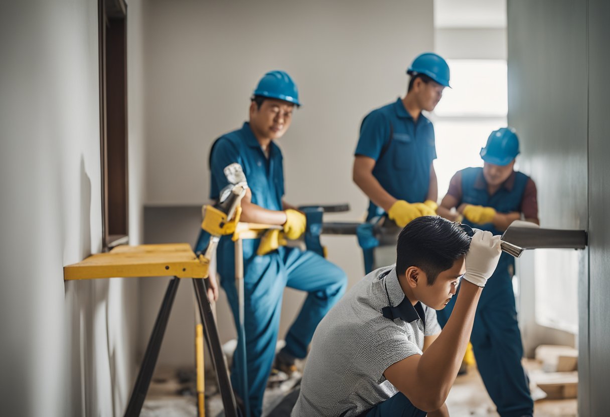 A team of workers renovates an HDB house interior, painting walls, installing new fixtures, and laying down new flooring