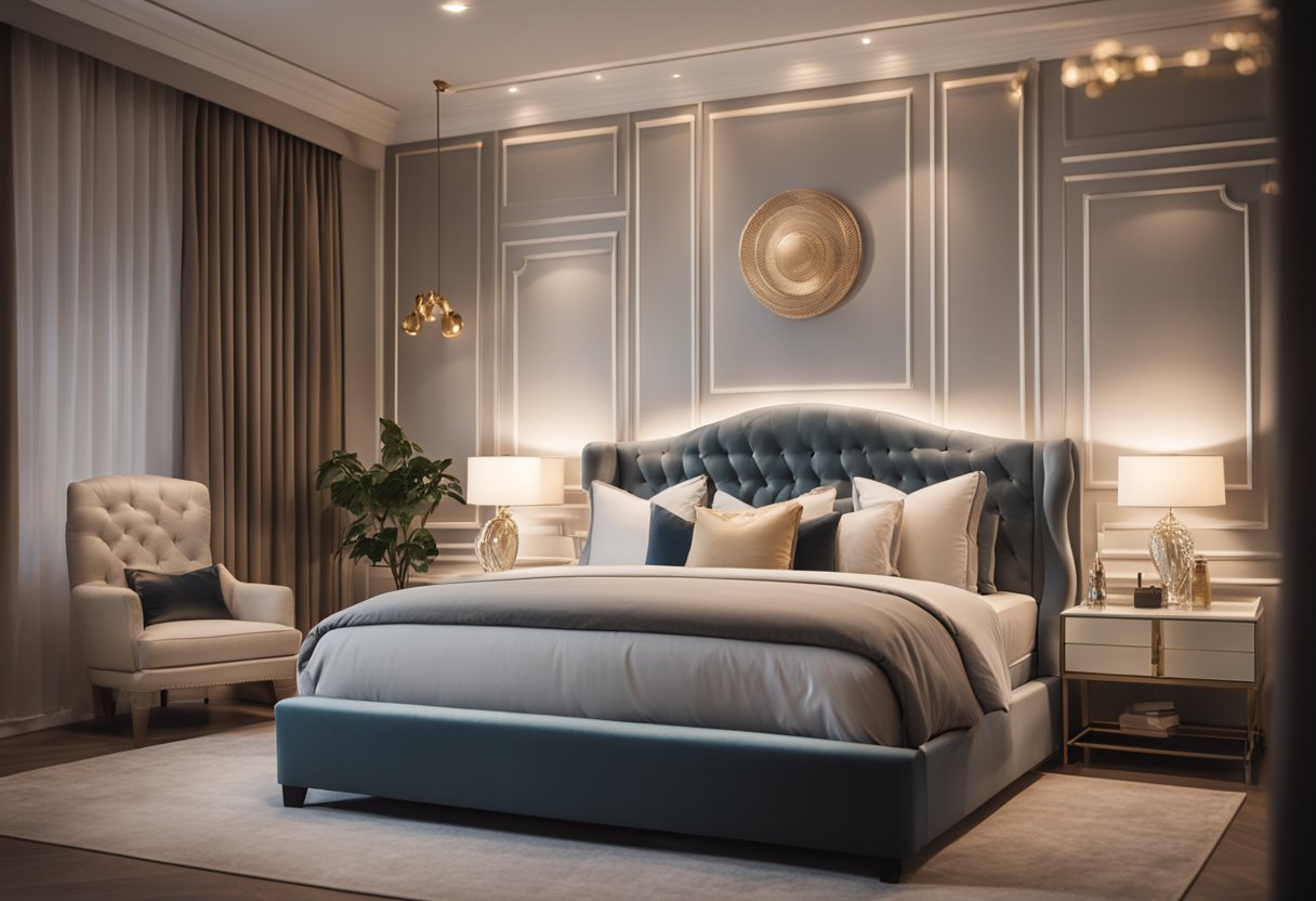 A luxurious king-size bed with a tufted headboard, plush bedding, and elegant throw pillows. Soft, ambient lighting illuminates the room, creating a cozy and inviting atmosphere