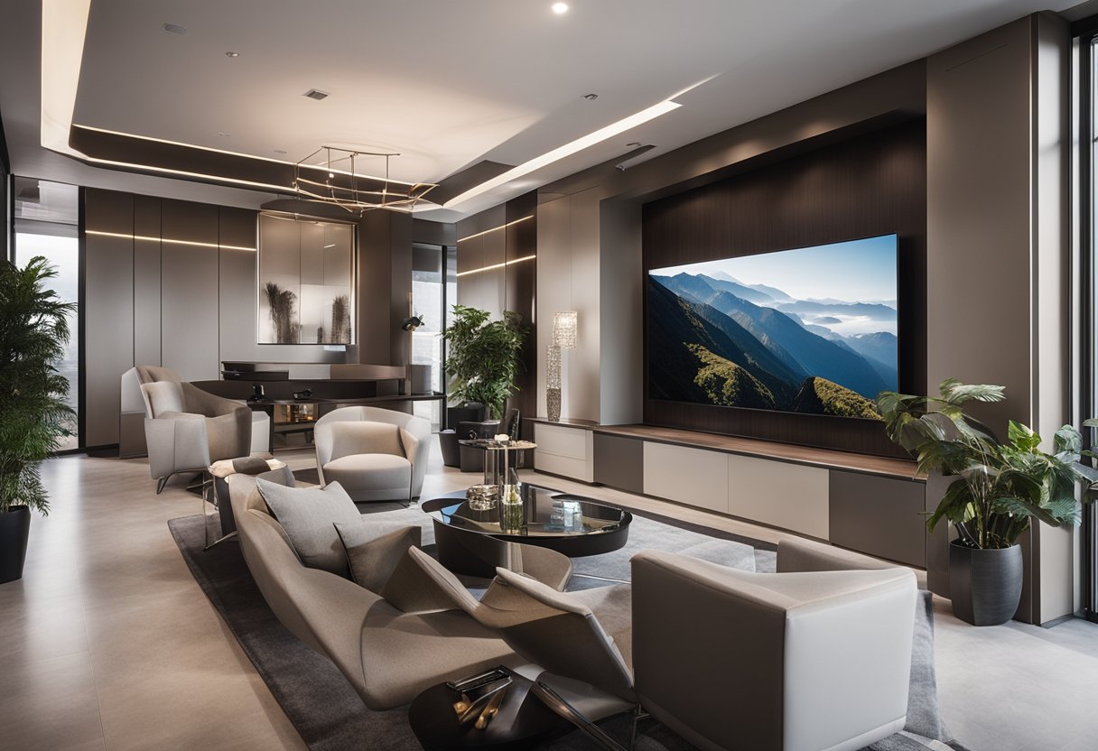 A sleek, modern interior design with signature projects and accomplishments displayed prominently