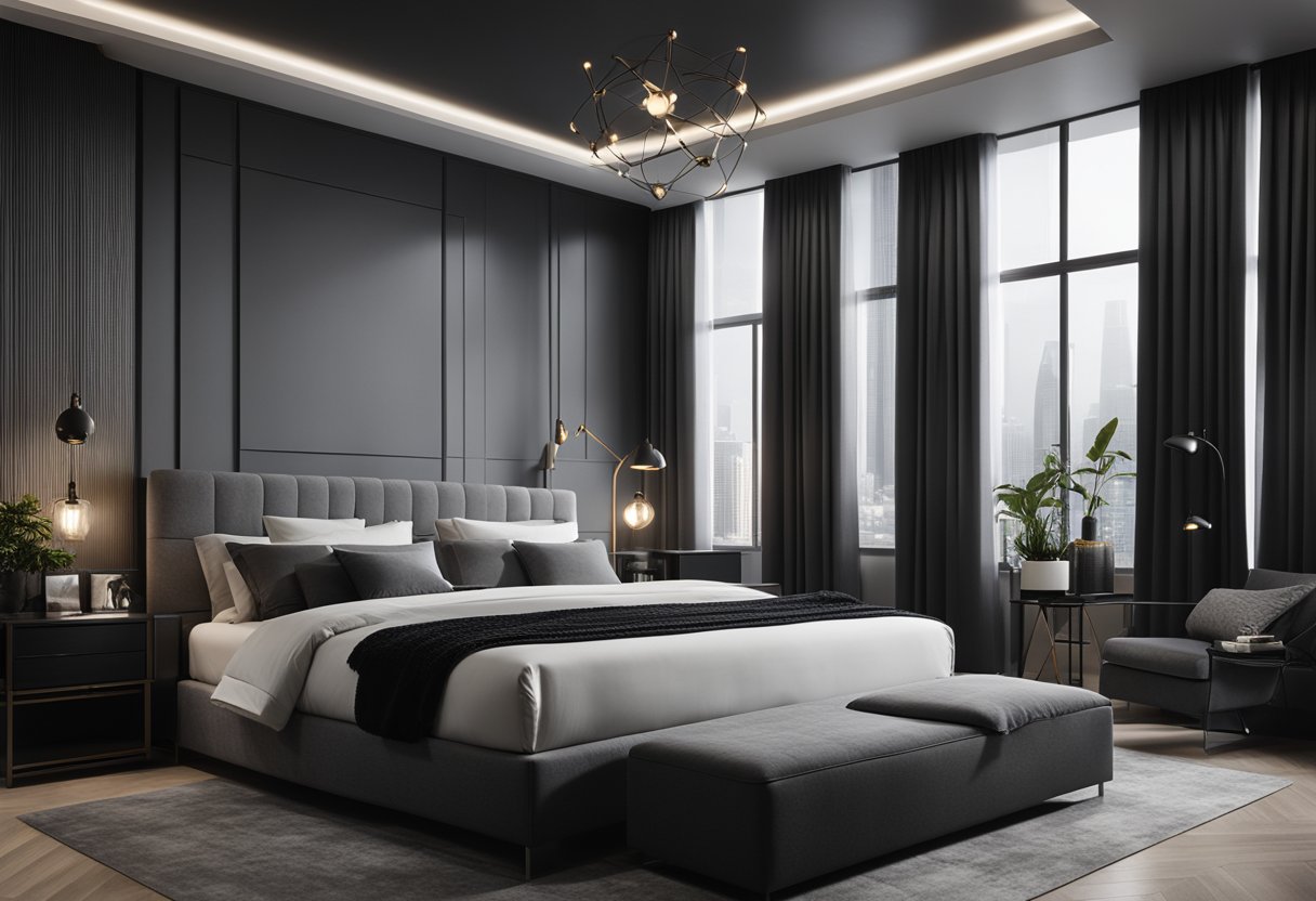 A black and grey bedroom with sleek furniture, minimal decor, and soft lighting