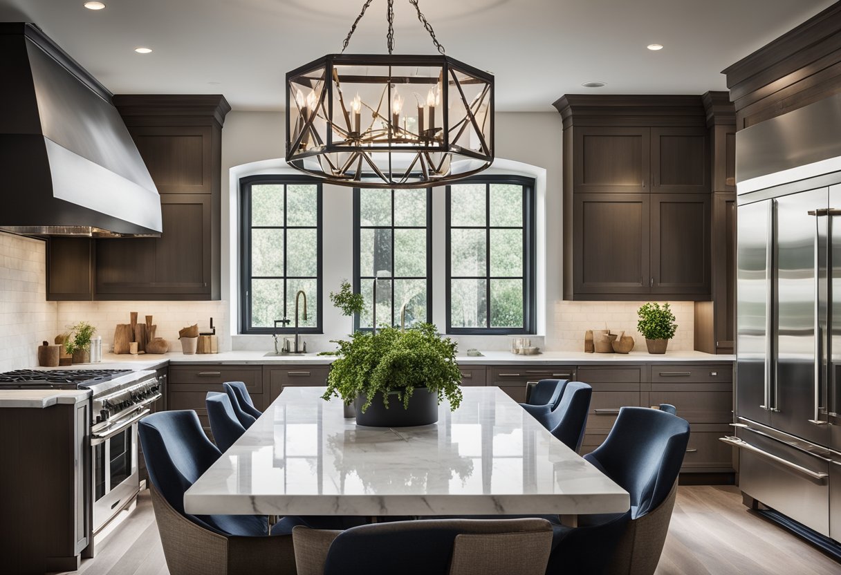 A modern tudor kitchen with sleek stainless steel appliances, marble countertops, and a large farmhouse sink. The dining area features a rustic wooden table surrounded by upholstered chairs and a statement chandelier overhead