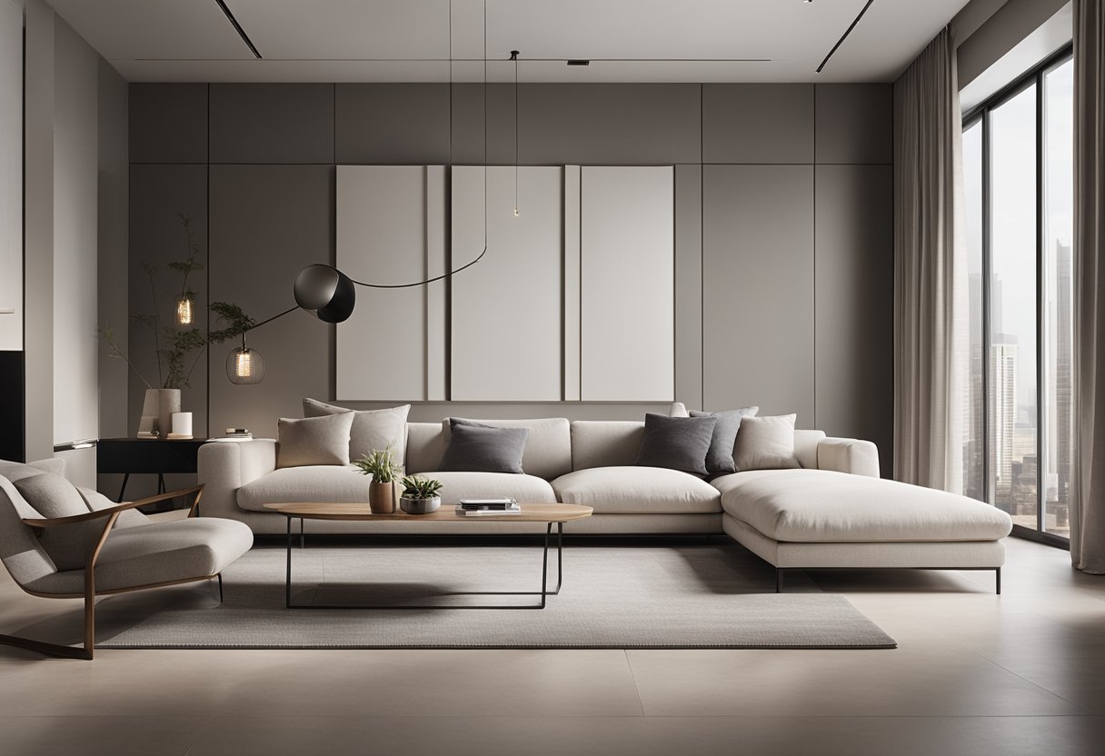 A modern, minimalist interior with sleek furniture and neutral color palette. Clean lines and open space create a sense of tranquility and sophistication