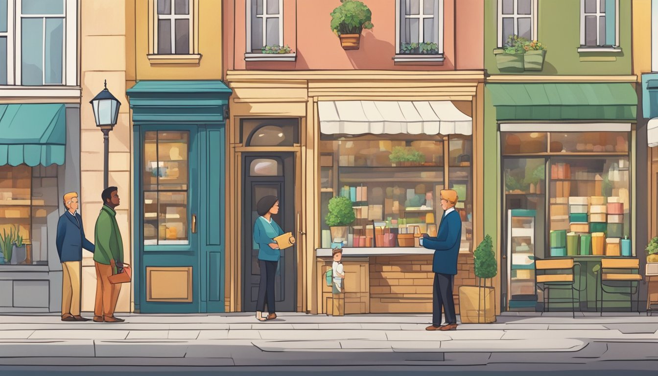 A small, bustling street lined with shops and cafes. A local business owner shaking hands with a banker, signifying a successful loan approval