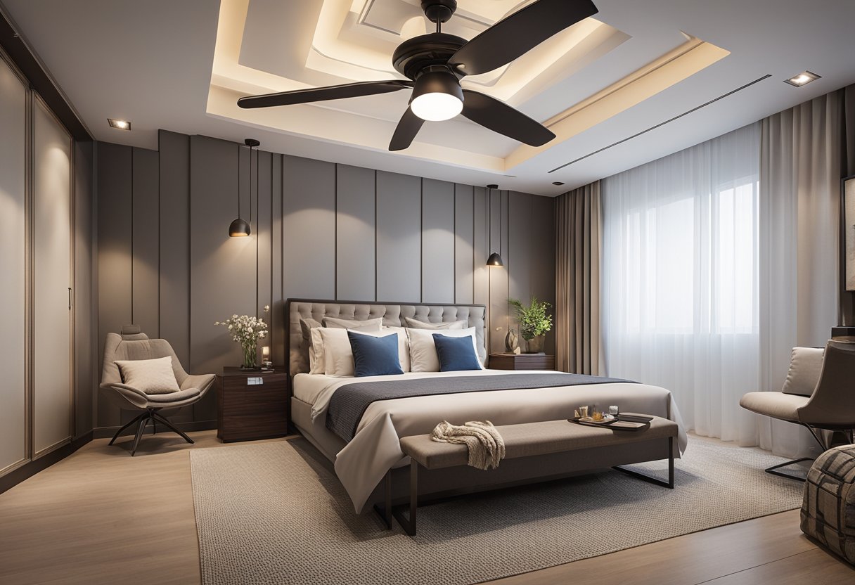 A bedroom with a simple ceiling design featuring a fan at the center