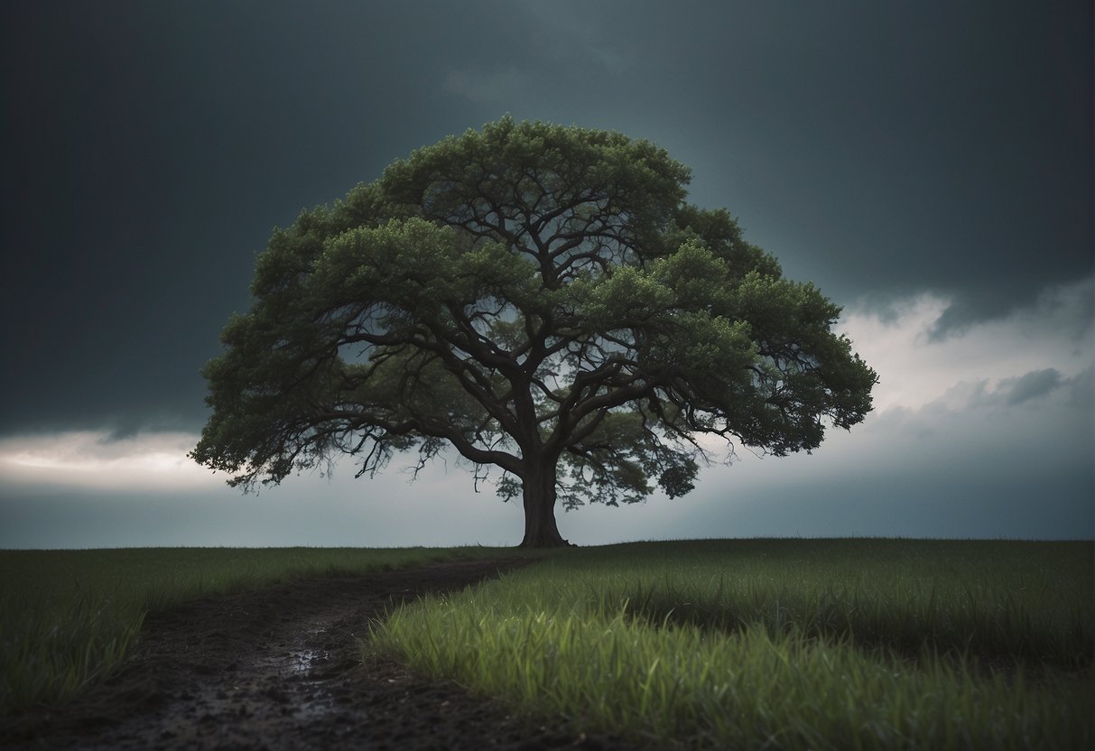A lone tree stands tall amidst a storm, its branches bending but not breaking. The wind howls, but the tree remains steadfast, a symbol of resilience and strength