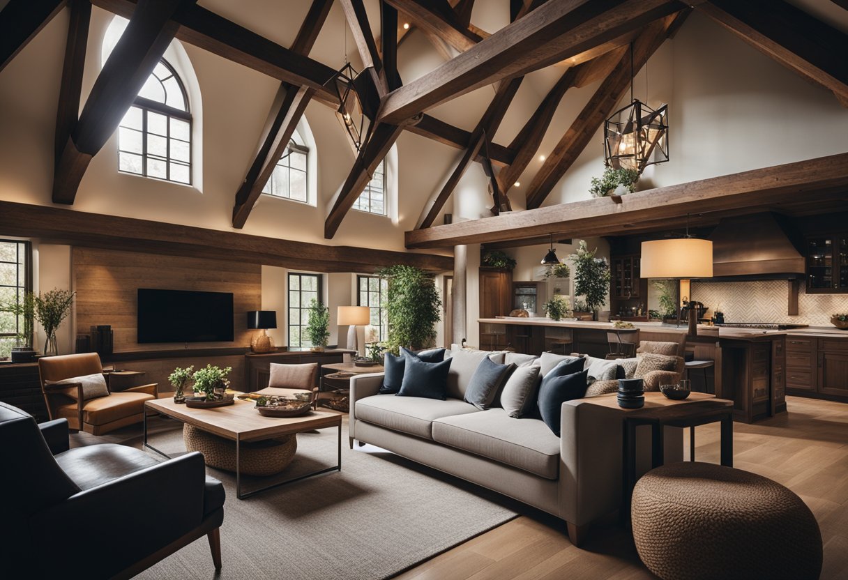 A cozy modern tudor interior with exposed wooden beams, a mix of traditional and contemporary furniture, and a warm color palette