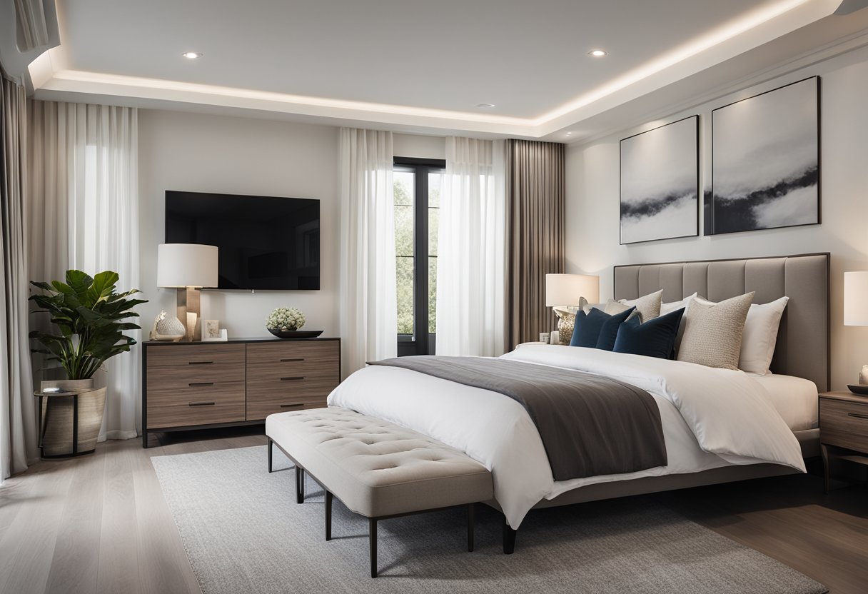 A spacious master bedroom with a modern, sleek bed design. Clean lines and neutral colors create a serene and elegant atmosphere