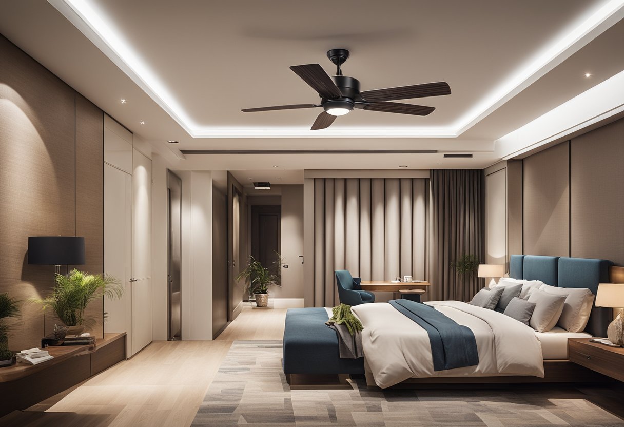 A bedroom with a simple ceiling design featuring a fan