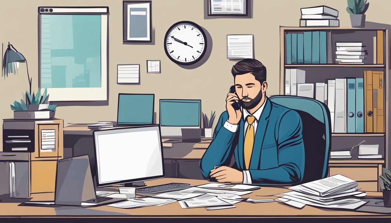 A business loan broker sits at a desk, surrounded by paperwork and a computer. They are on the phone, discussing loan options with a client