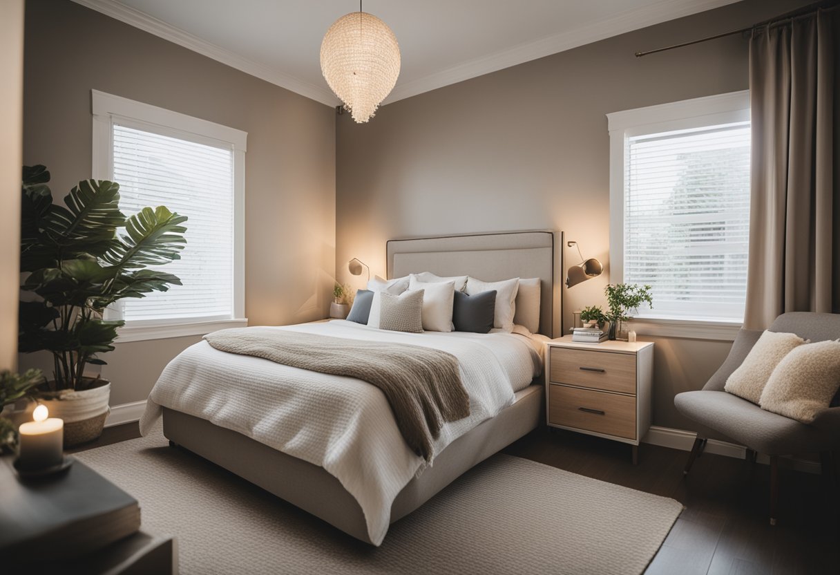 A cozy bedroom with neutral tones, a large comfortable bed, matching nightstands, soft lighting, and a simple yet elegant decor