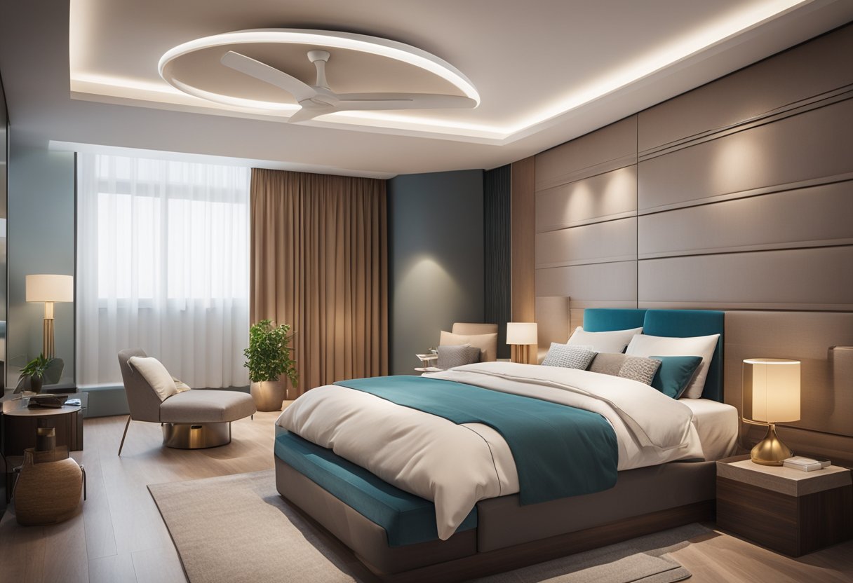 A bedroom with a simple false ceiling design featuring an integrated fan for innovative cooling solutions