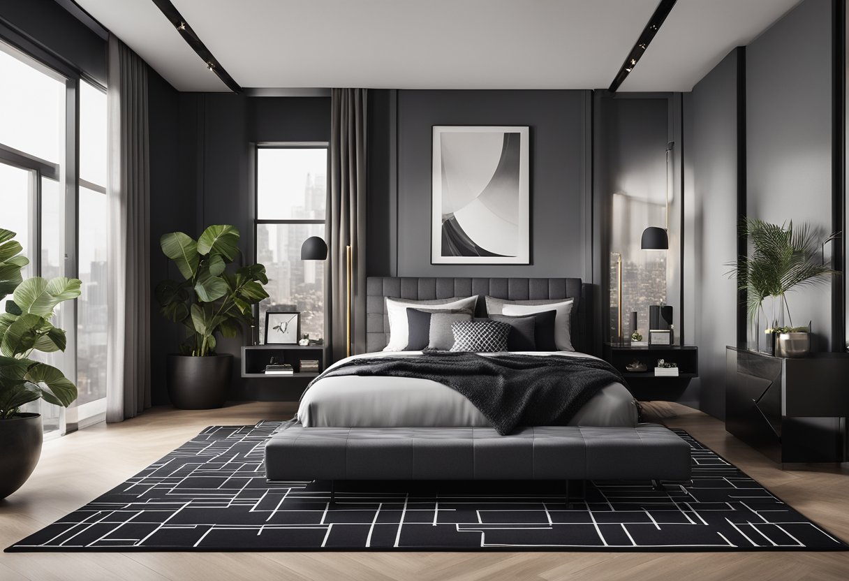 A sleek, modern black and grey bedroom with a platform bed, minimalist nightstands, and a geometric-patterned rug. The room is adorned with metallic accents and soft, textured fabrics for a stylish yet functional design