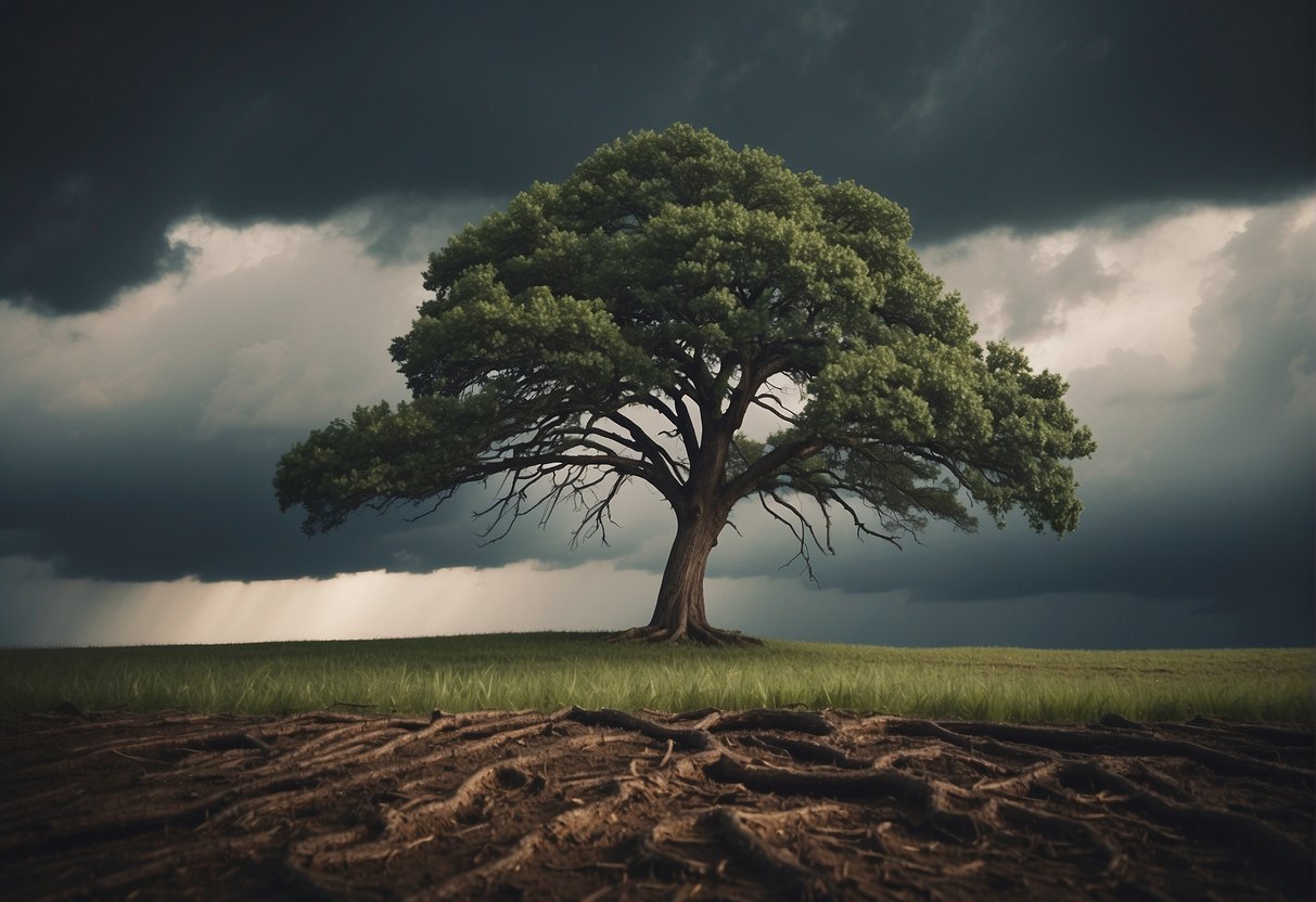 A lone tree stands tall against a storm, its roots firmly anchored in the ground, symbolizing personal strength and resilience