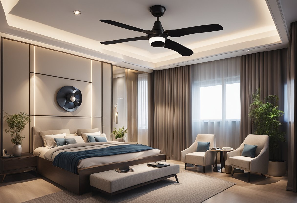 A bedroom with a simple ceiling design and a fan