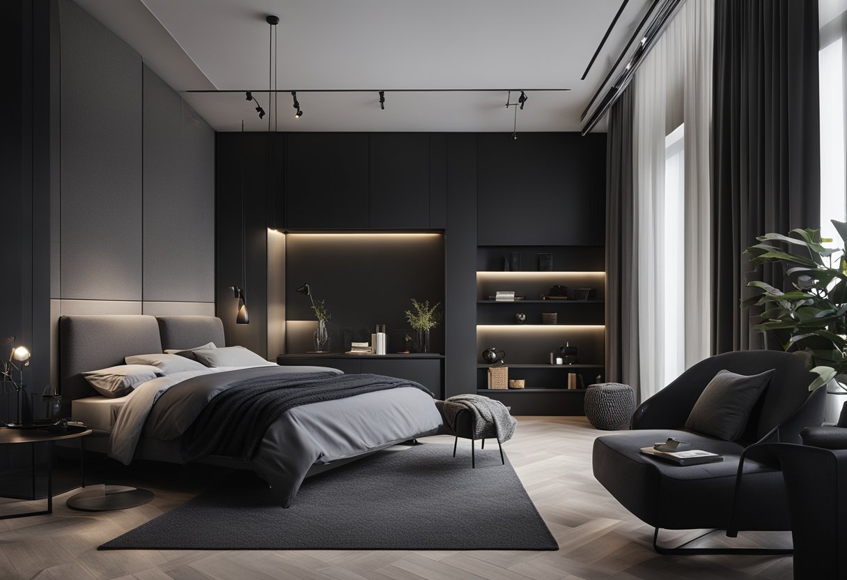 A cozy bedroom with black and grey color scheme, featuring minimalist furniture and soft lighting