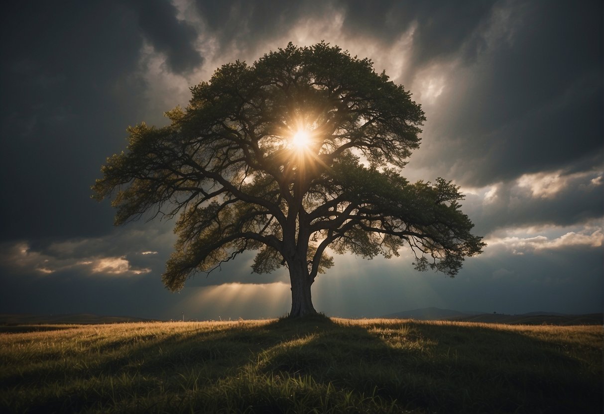 A lone tree stands tall amidst a storm, its branches bending but not breaking. The sun breaks through the clouds, casting a warm glow on the tree, symbolizing strength and resilience