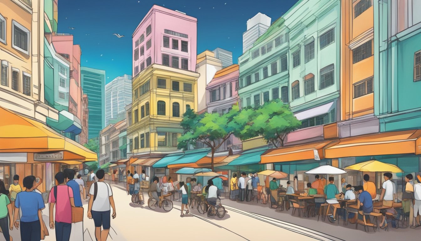 A bustling street in Singapore, with small businesses and entrepreneurs seeking microloans. The vibrant atmosphere shows the diversity and energy of the local business community
