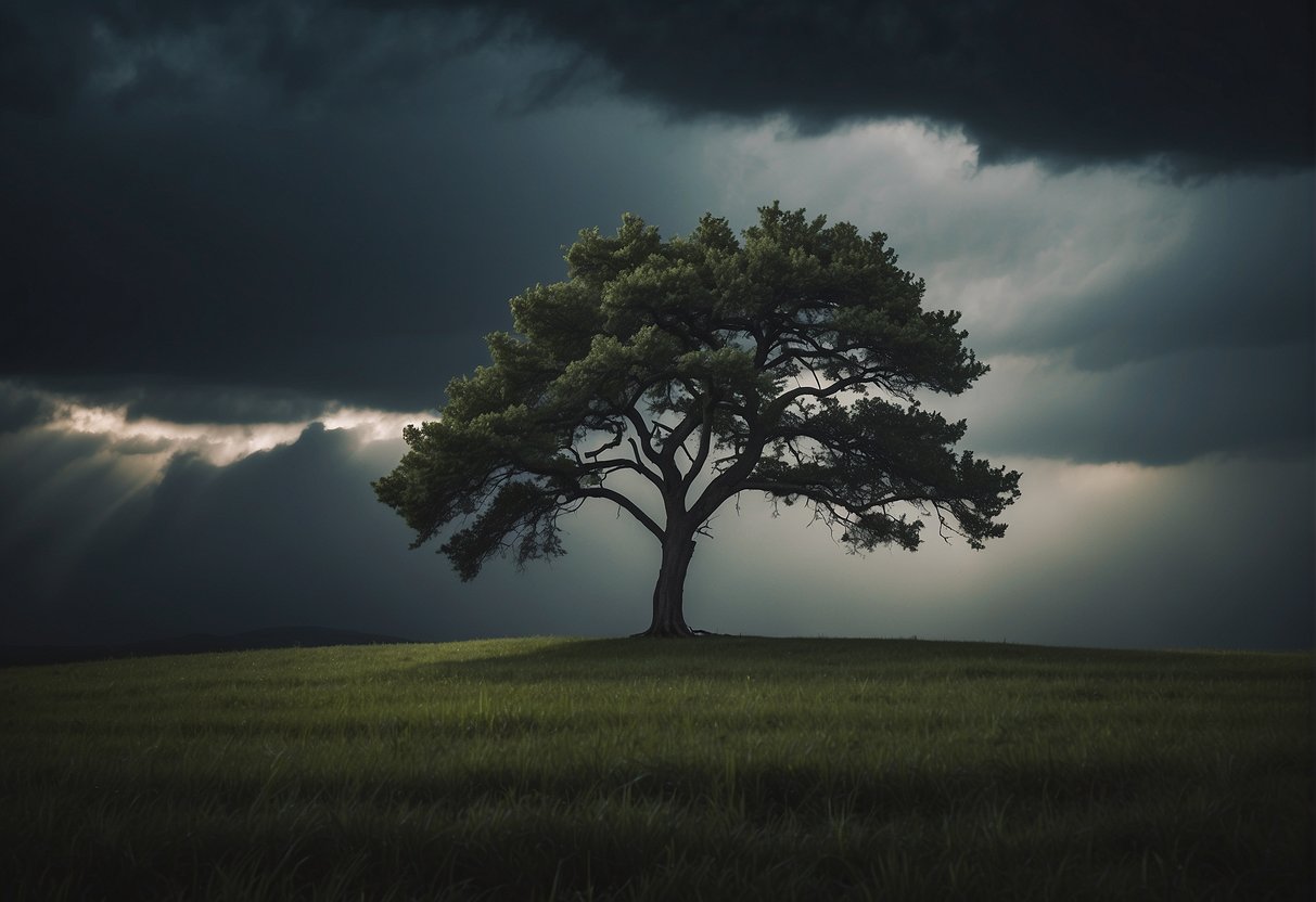A lone tree stands tall amidst a storm, its branches bending but not breaking. The sky is dark, but a faint light shines through the clouds