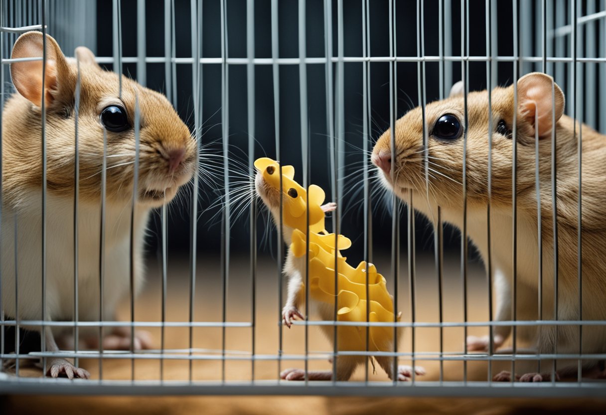 Two gerbils in a cage, one standing on its hind legs and sniffing the air, while the other one is using its paws to manipulate a puzzle toy