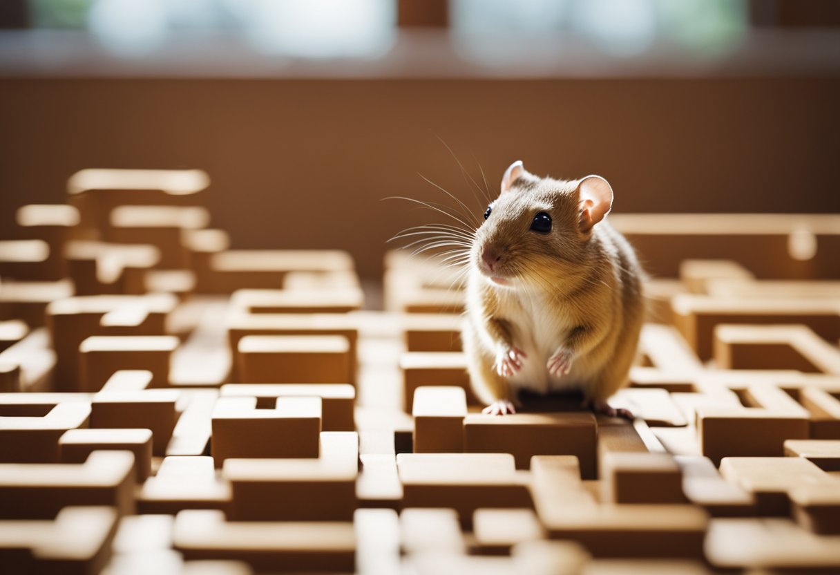A gerbil sits in a maze, solving puzzles and navigating obstacles, showcasing its intelligence