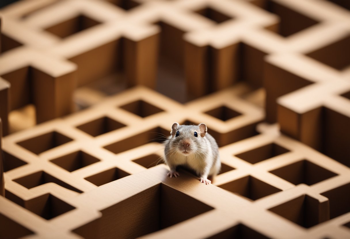 A gerbil sits in a maze, solving puzzles and navigating obstacles. Its intelligent eyes and focused expression show its clever problem-solving abilities