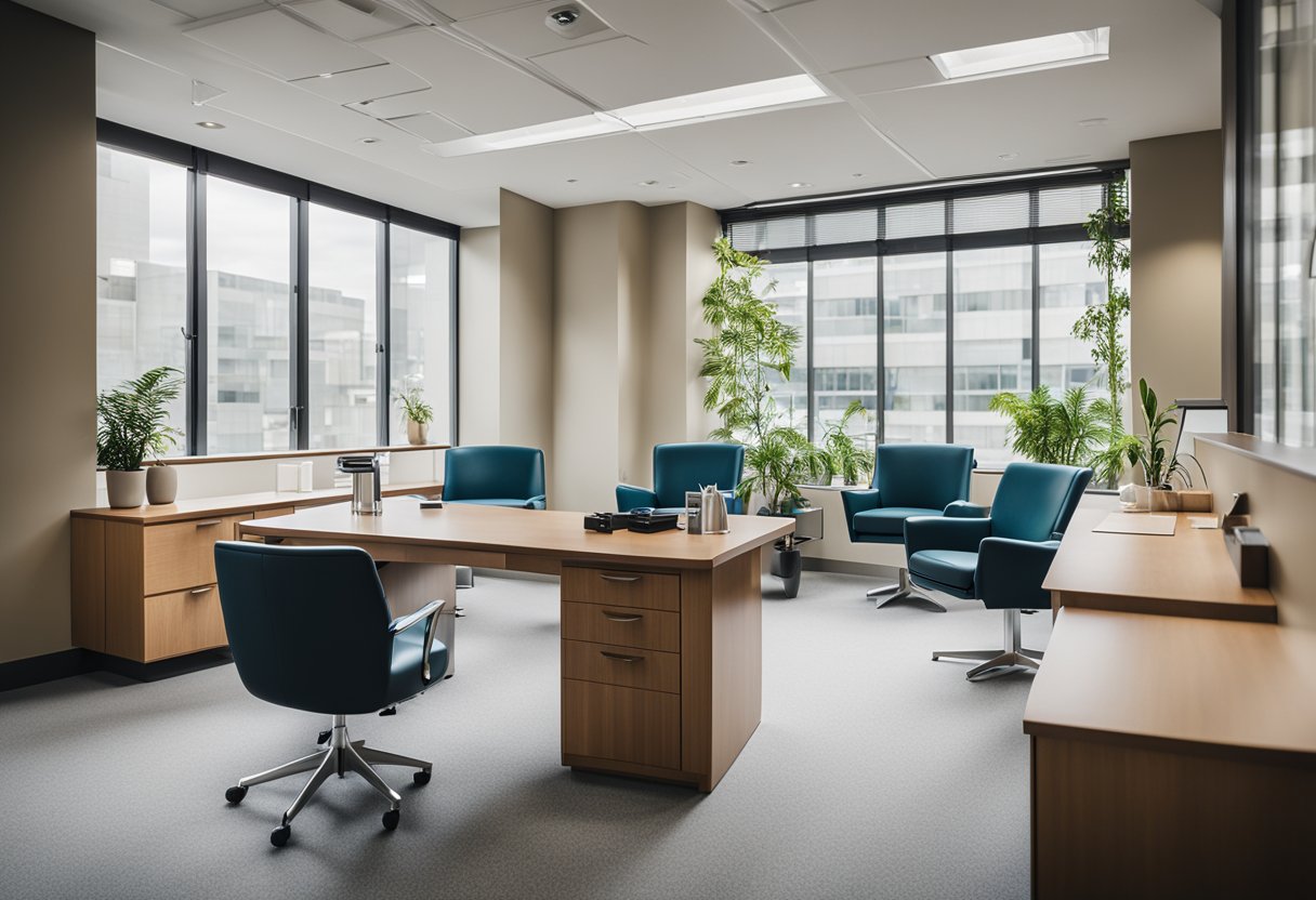 A modern doctor's office with sleek furniture, calming colors, and medical equipment neatly organized