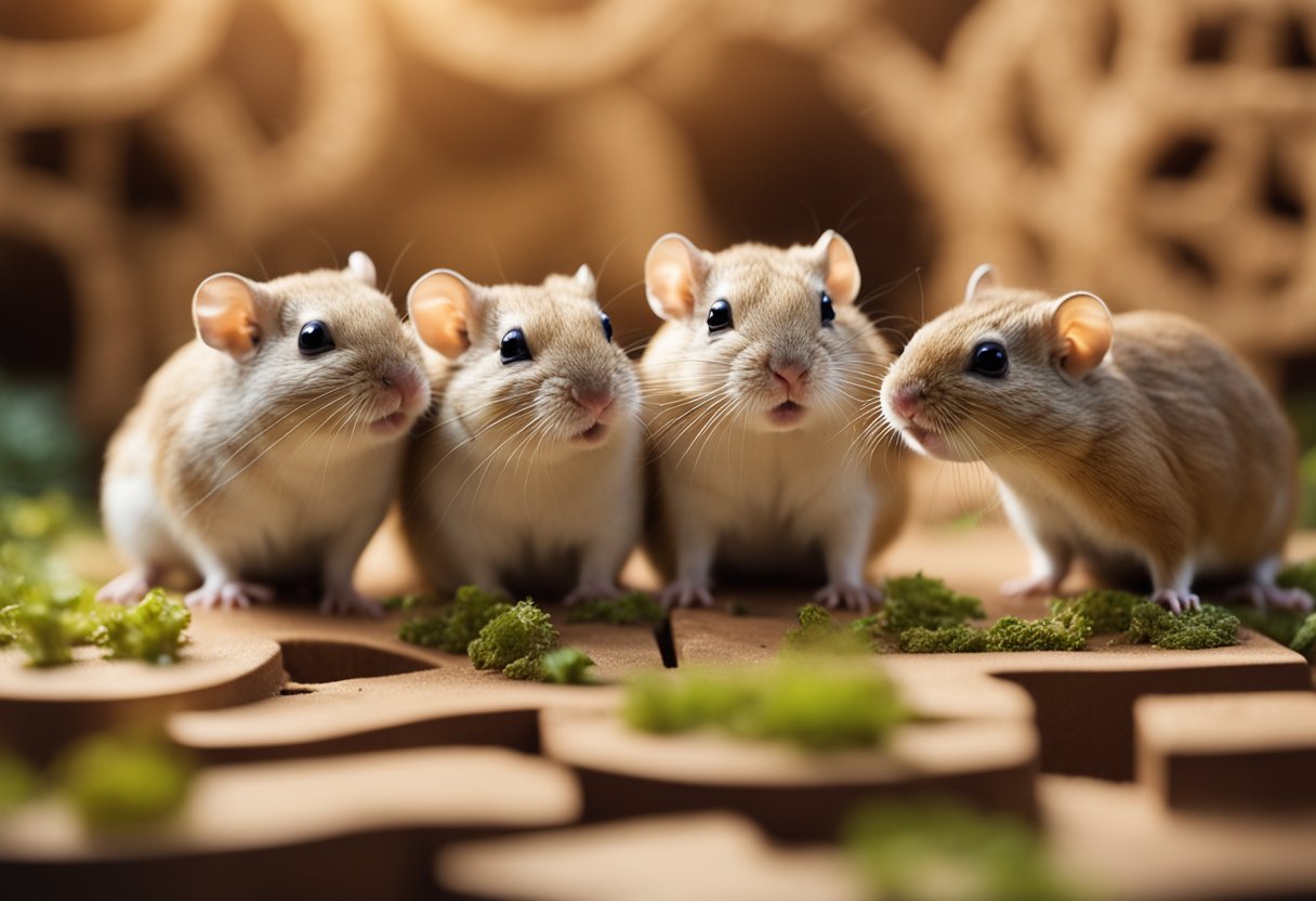 A group of gerbils are solving a maze, pushing objects, and interacting with each other, showcasing their intelligence and problem-solving abilities