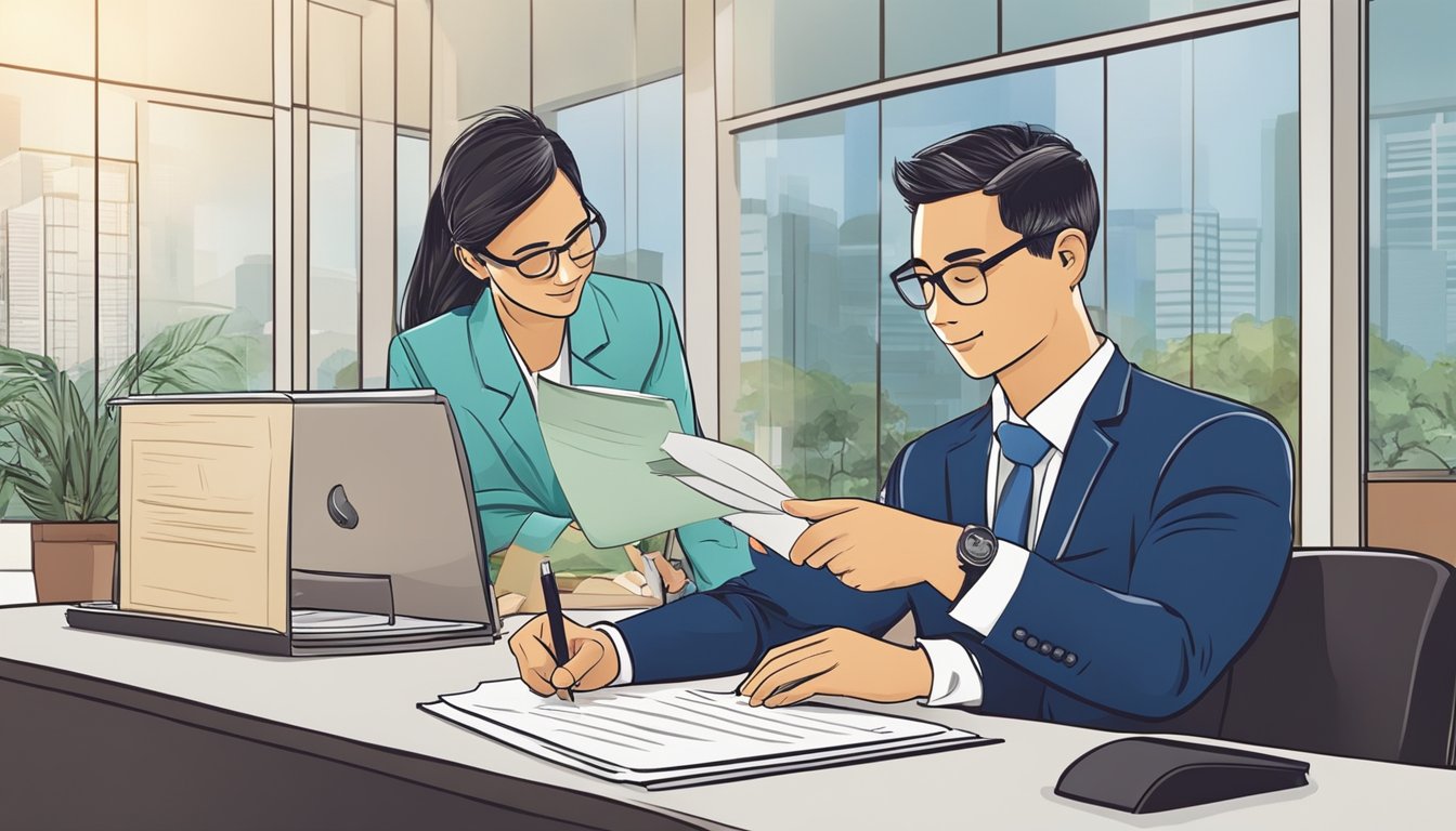 A business owner signing loan documents at a bank in Singapore. The banker presents the loan agreement, while the owner confidently signs the paperwork, symbolizing the successful securing of a business loan