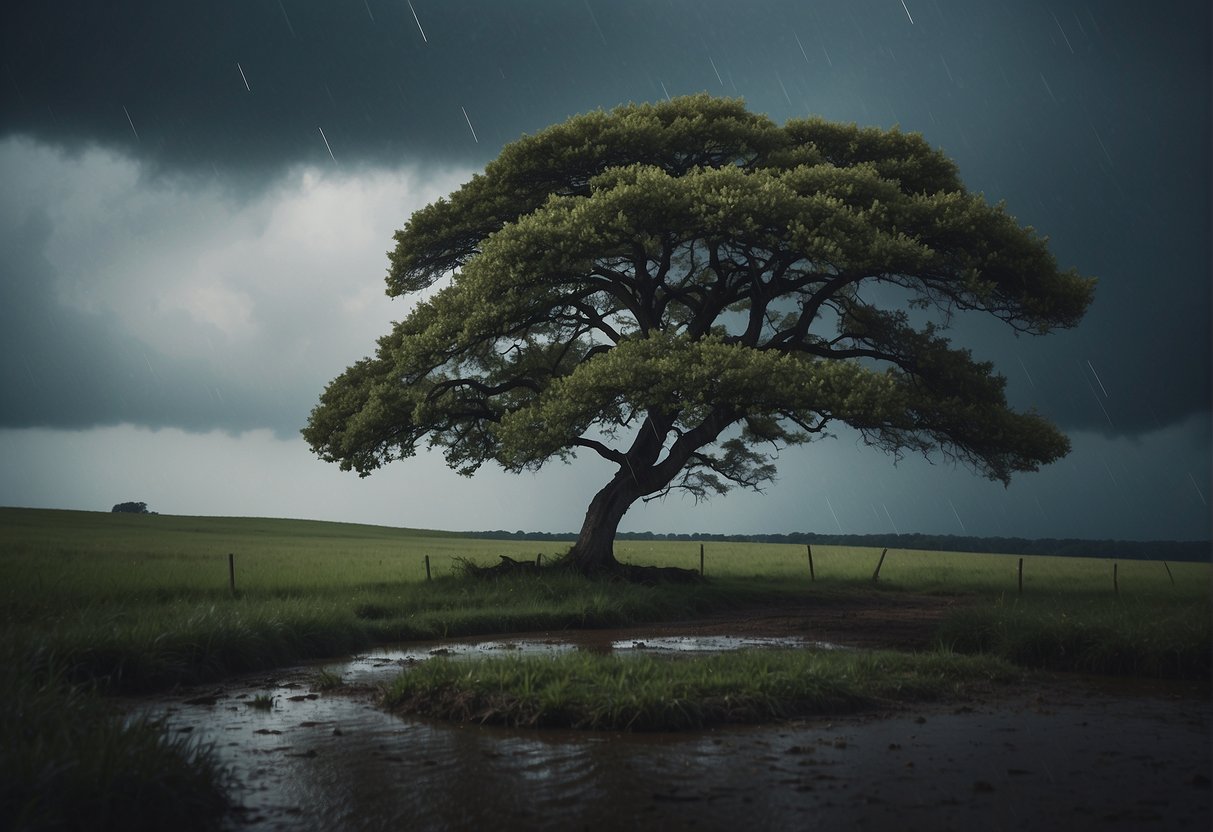 A lone tree stands tall amidst a storm, its branches bending but not breaking. The wind and rain test its strength, but it remains resilient