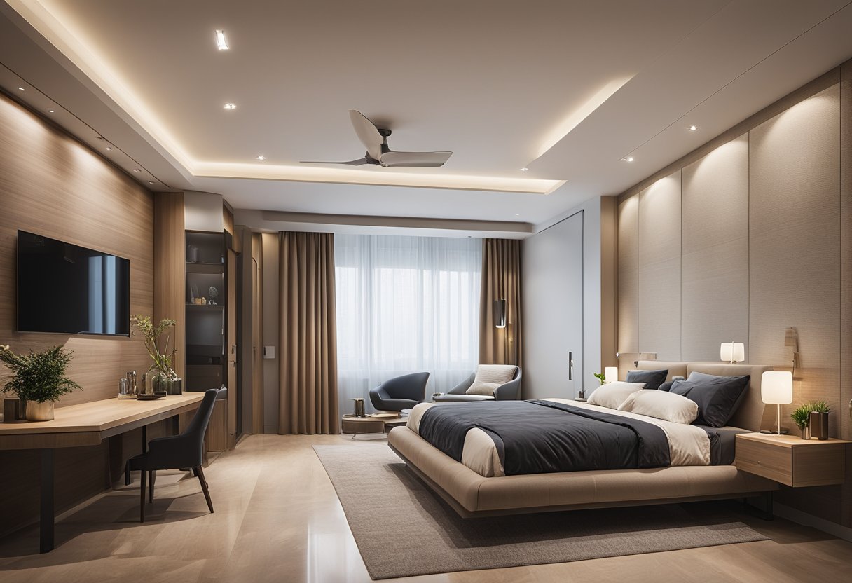 A bedroom with a simple false ceiling design, featuring recessed lighting and a clean, modern aesthetic