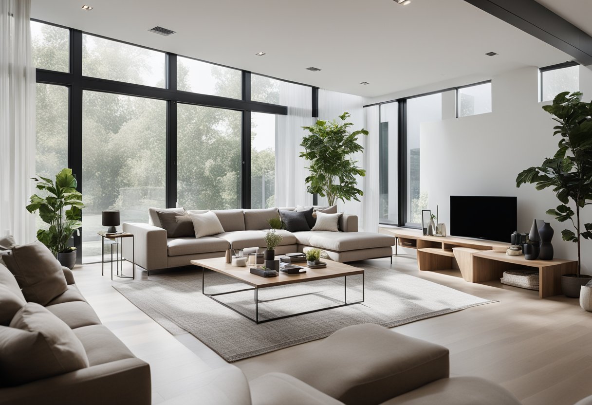 A modern living room with sleek furniture, a neutral color palette, and large windows letting in natural light. The space is adorned with minimalist decor and features an open floor plan