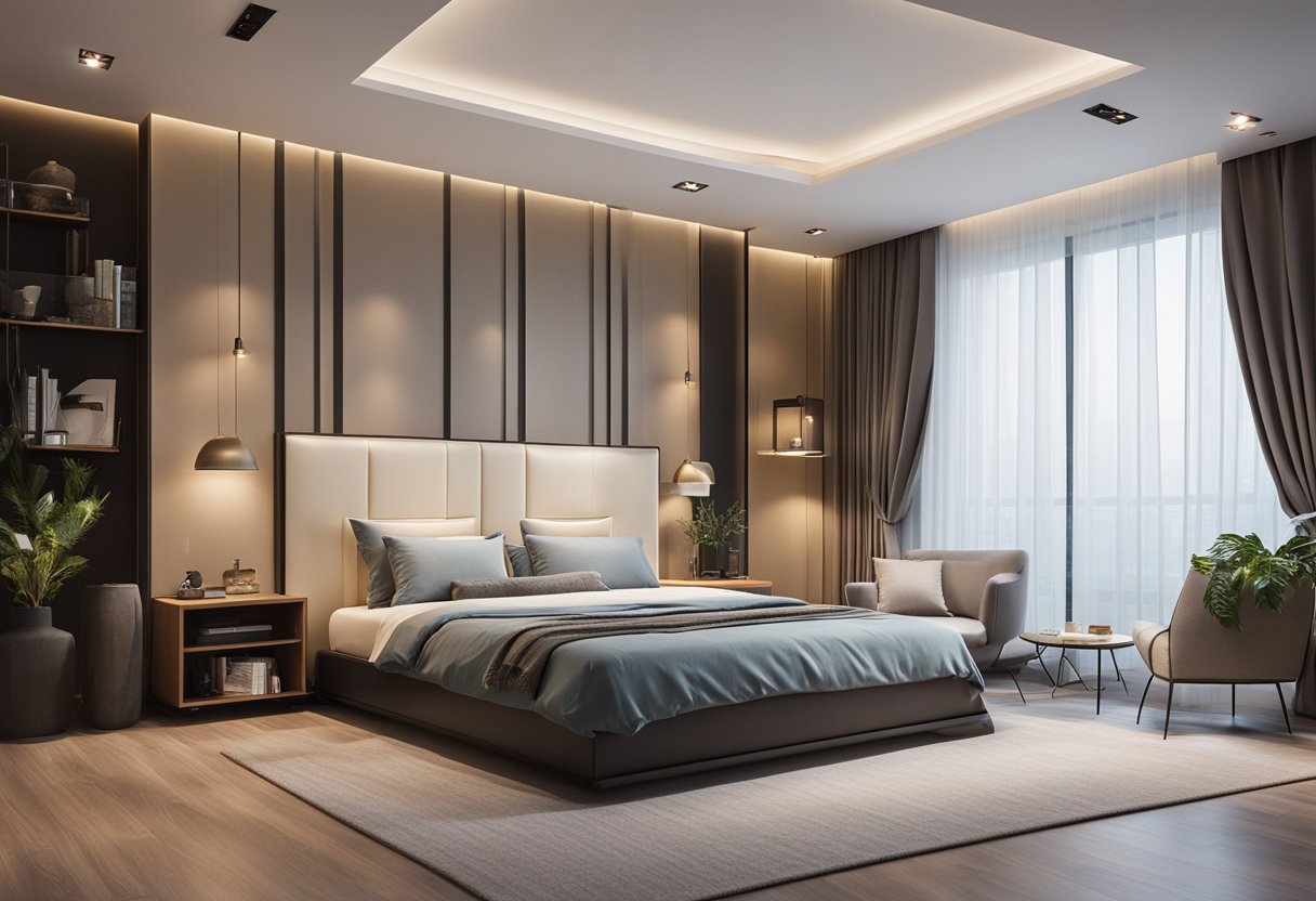 A bedroom with a simple false ceiling design using lightweight materials and clean lines